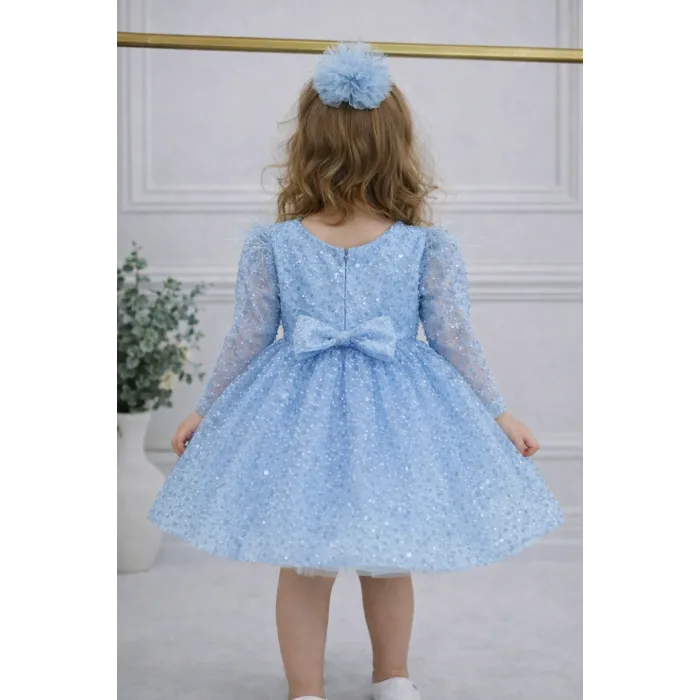 Kız Çocuk Bebe Mavisi Boncuklu Payetli Uzun Kol Kabarık Elbise Abiye Gelinlik