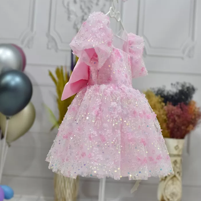 Kız Çocuk Pembe Çiçekli Boncuklu Kabarık Elbise