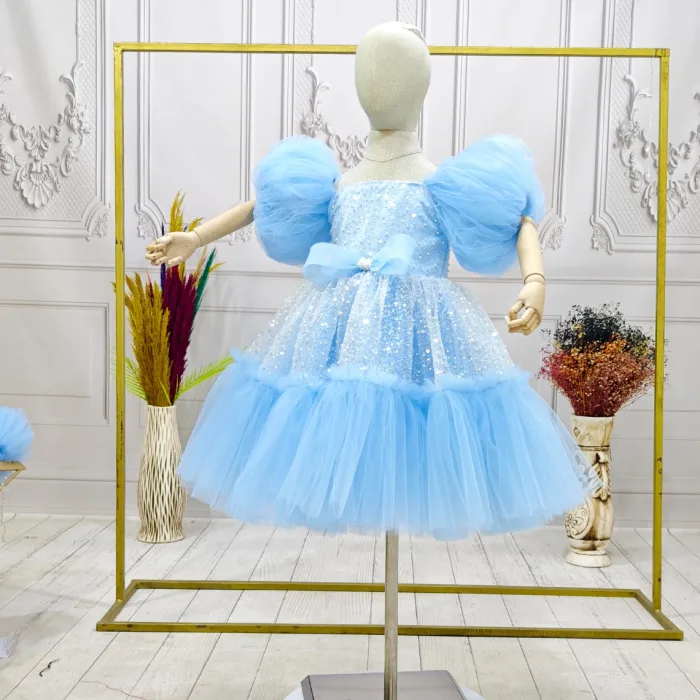 Bebe Mavisi Taşlı Boncuklu Straplez Kabarık Elbise Abiye Gelinlik