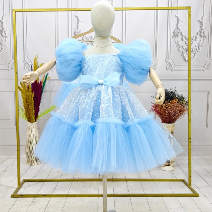 Bebe Mavisi Taşlı Boncuklu Straplez Kabarık Elbise Abiye Gelinlik