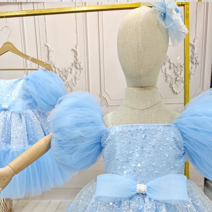 Bebe Mavisi Taşlı Boncuklu Straplez Kabarık Elbise Abiye Gelinlik