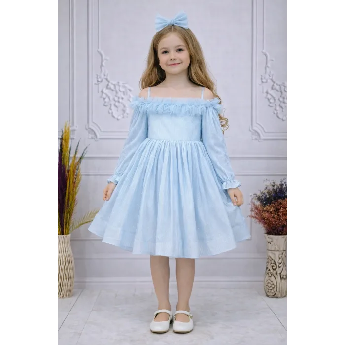 Kız Çocuk Bebe Mavisi Parıltılı Üstü Tül Detaylı Kabarık Elbise