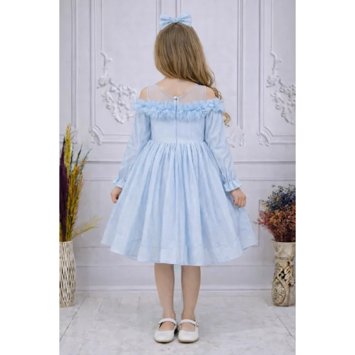 Kız Çocuk Bebe Mavisi Parıltılı Üstü Tül Detaylı Kabarık Elbise