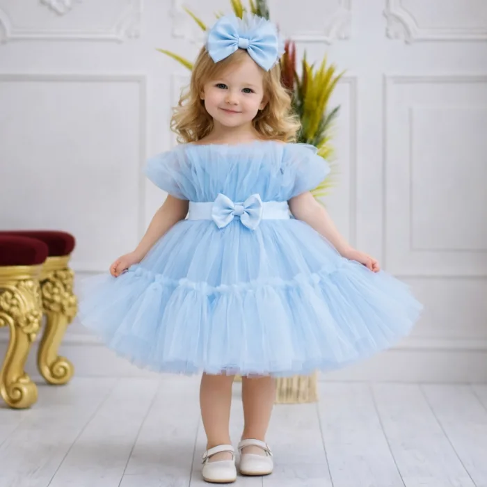 Kız Çocuk Bebe Mavisi Şeffaf Üst Ön Fiyonk Detaylı Kemerli Kabarık Elbise