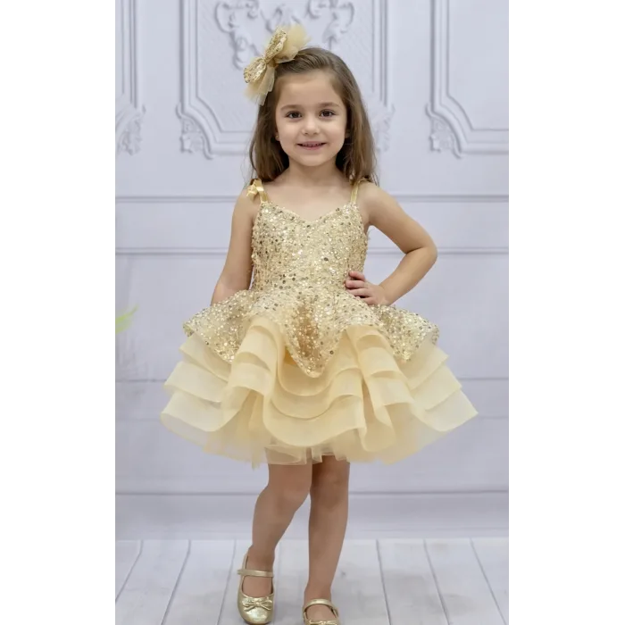 Kız Çocuk Bej Boncuku Payetli Kuyruklu Elbise