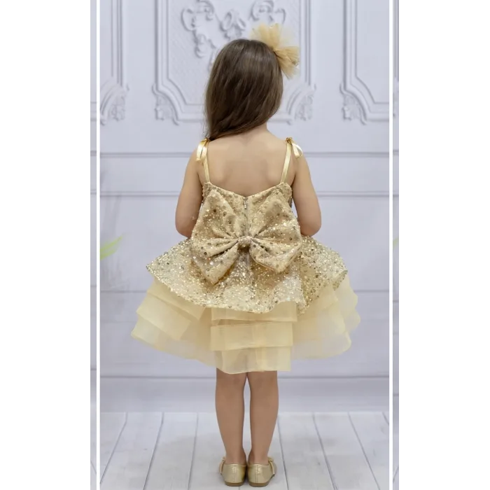 Kız Çocuk Bej Boncuku Payetli Kuyruklu Elbise