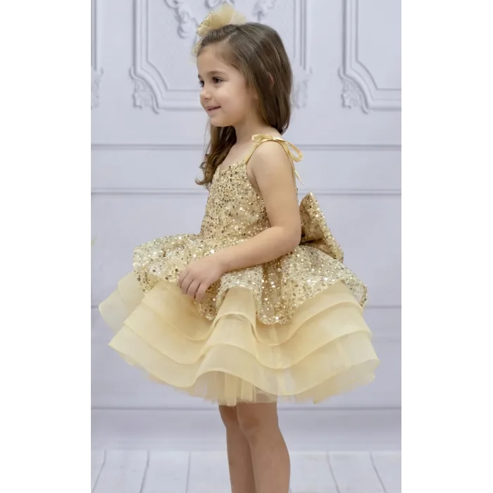 Kız Çocuk Bej Boncuku Payetli Kuyruklu Elbise