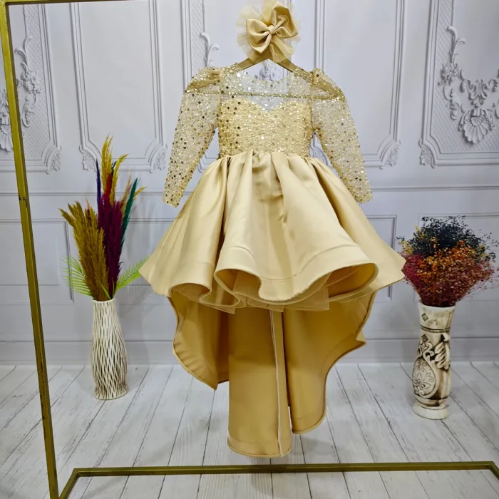 Bej Kuyruklu Boncuklu Payetli Kabarık Elbise Gelinlik Abiye