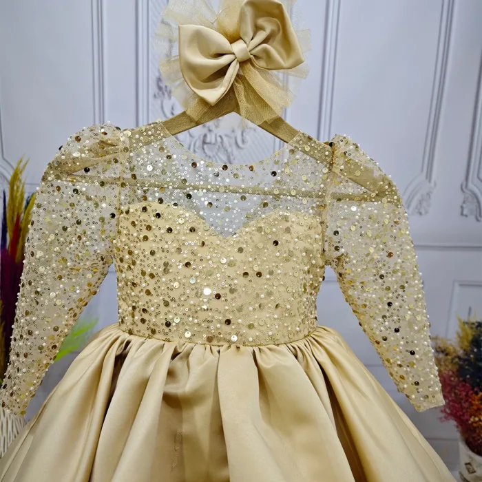 Bej Kuyruklu Boncuklu Payetli Kabarık Elbise Gelinlik Abiye