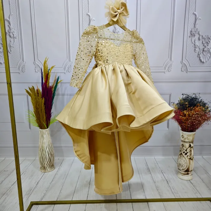 Bej Kuyruklu Boncuklu Payetli Kabarık Elbise Gelinlik Abiye