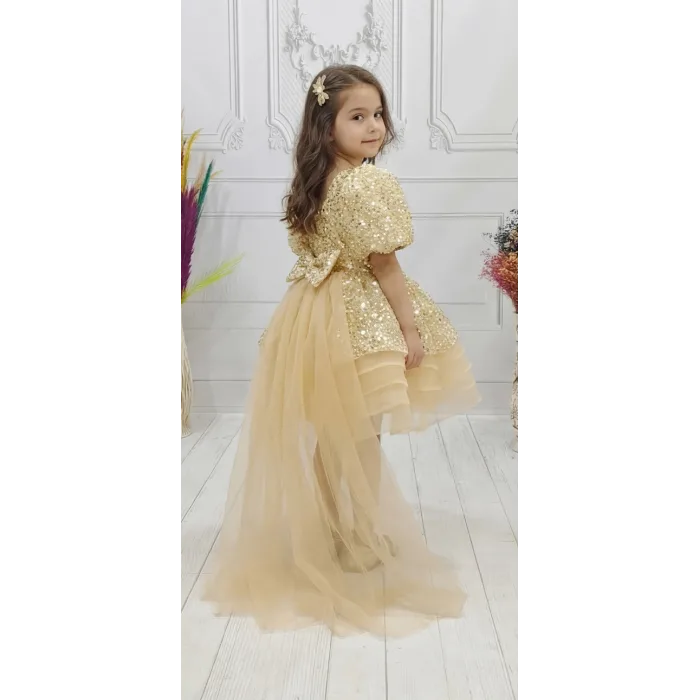 Kız Çocuk Bej Kuyruklu Boncuklu Payetli Kabarık Elbise