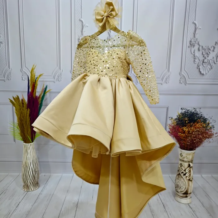 Bej Kuyruklu Boncuklu Payetli Kabarık Elbise Gelinlik Abiye