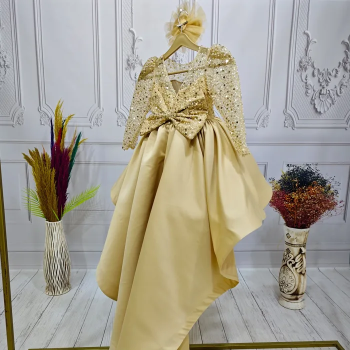 Bej Kuyruklu Boncuklu Payetli Kabarık Elbise Gelinlik Abiye