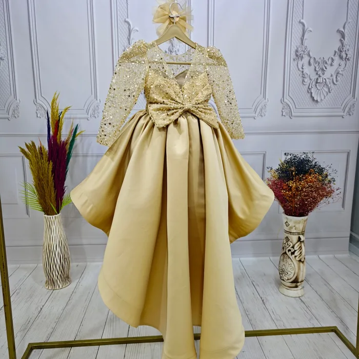 Bej Kuyruklu Boncuklu Payetli Kabarık Elbise Gelinlik Abiye