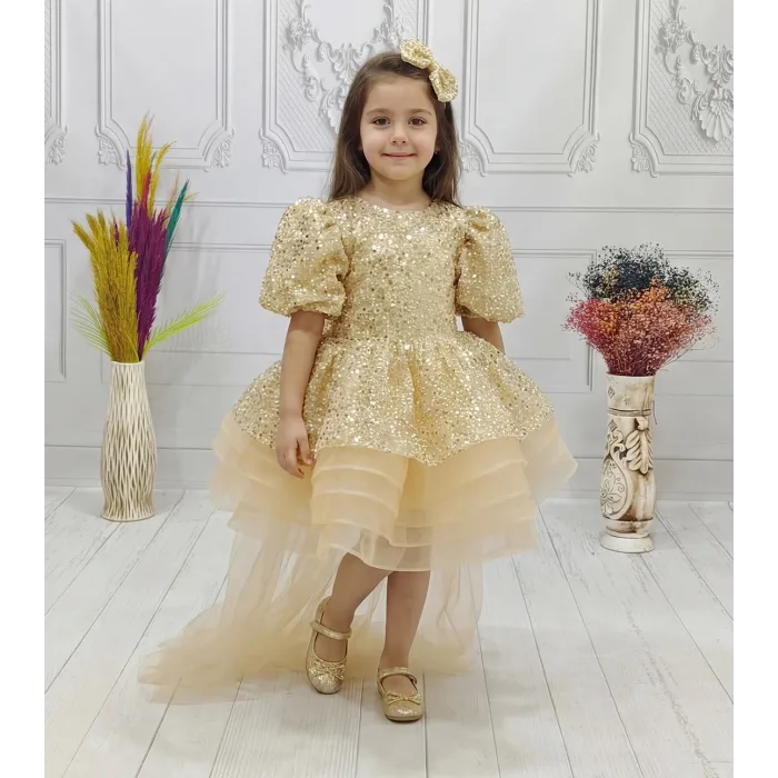 Kız Çocuk Bej Kuyruklu Boncuklu Payetli Kabarık Elbise