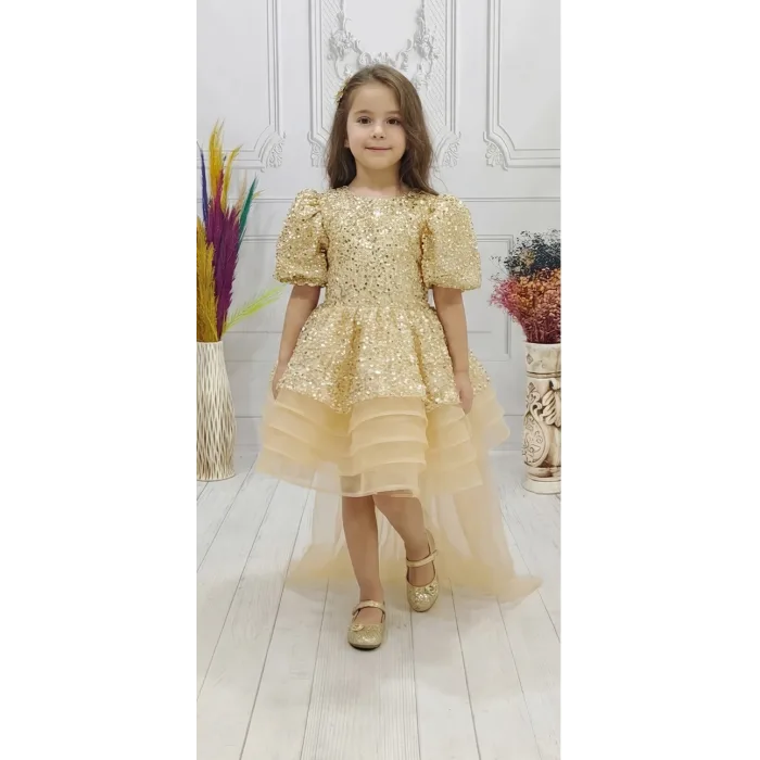 Kız Çocuk Bej Kuyruklu Boncuklu Payetli Kabarık Elbise