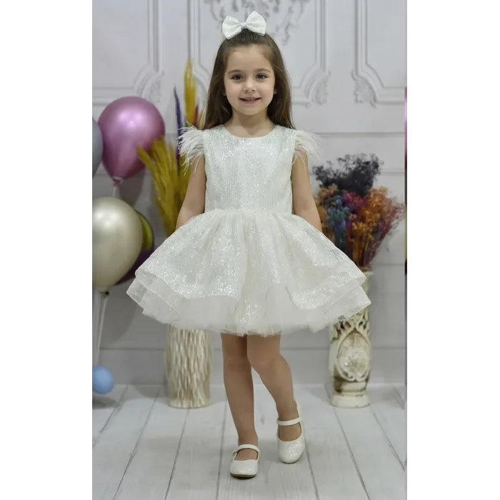 Kız Çocuk Bej Parıltılı Simli Arkası İnci Detaylı Gren Etekli Kabarık Elbise