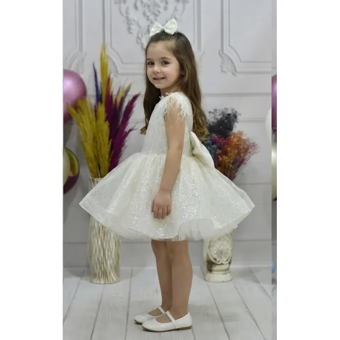 Kız Çocuk Bej Parıltılı Simli Arkası İnci Detaylı Gren Etekli Kabarık Elbise