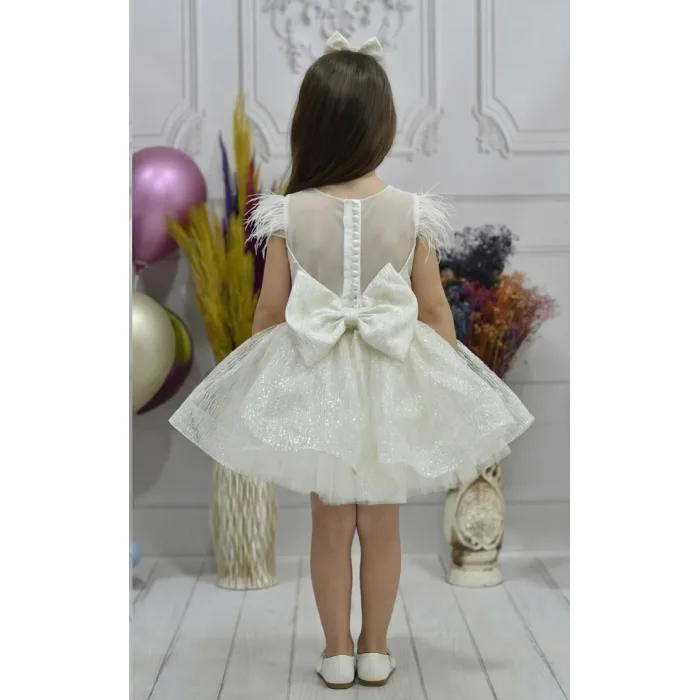 Kız Çocuk Bej Parıltılı Simli Arkası İnci Detaylı Gren Etekli Kabarık Elbise