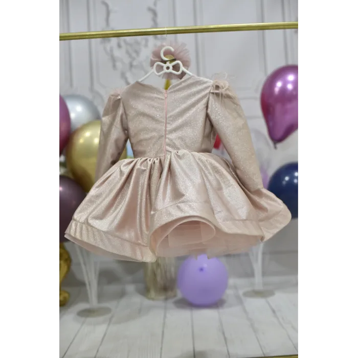 Kız Çocuk Bej Renk Parıltılı Kısa Kol Kabarık Elbise