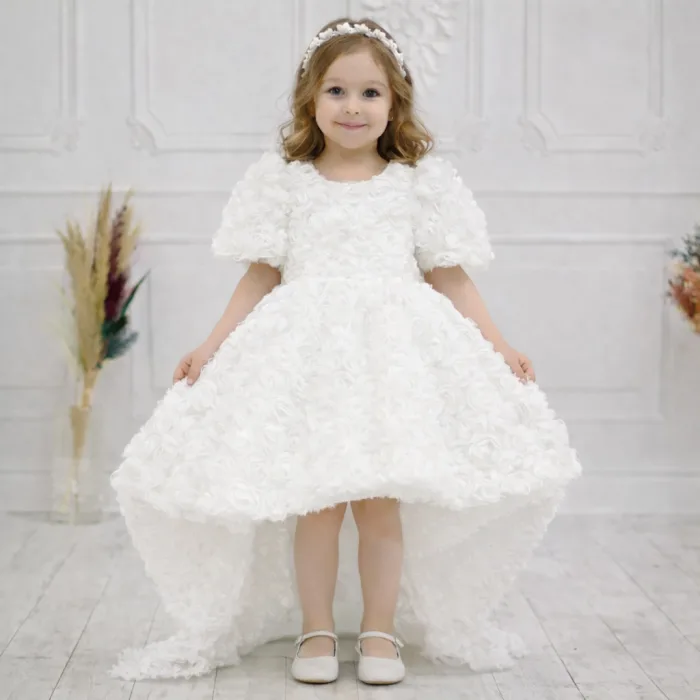 Kız Çocuk Beyaz Arkası V Yaka Gül Desenli Kısa Balon Kol Elbise Abiye