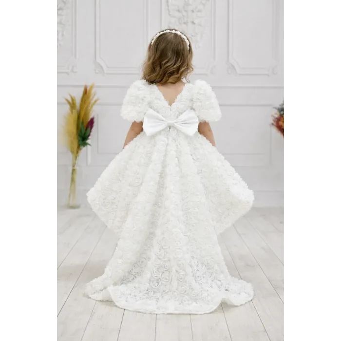 Kız Çocuk Beyaz Arkası V Yaka Gül Desenli Kısa Balon Kol Elbise Abiye