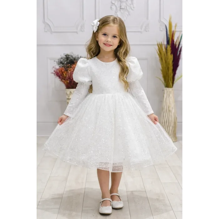 Kız Çocuk Beyaz Boncuklu Balon ve Düz Kol Elbise