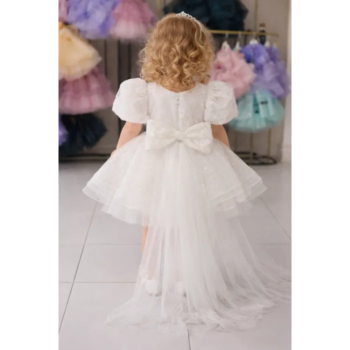 Kız Çocuk Beyaz Boncuklu Kuyruklu Abiye Elbise Gelinllk