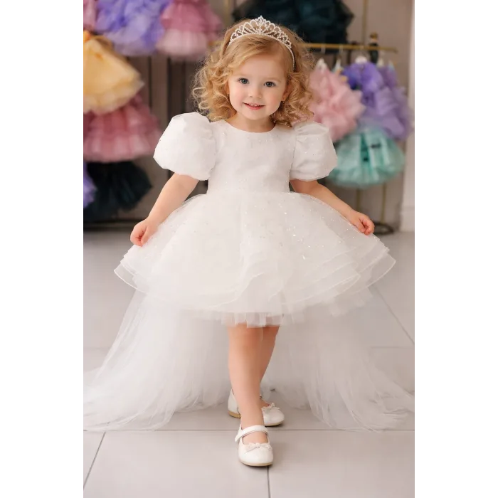 Kız Çocuk Beyaz Boncuklu Kuyruklu Abiye Elbise Gelinllk