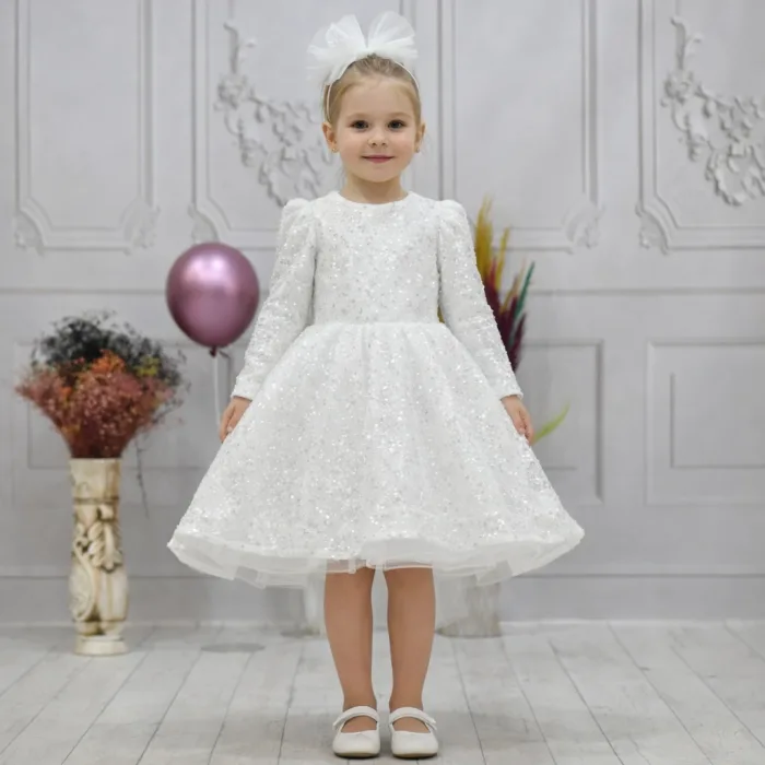 Kız Çocuk Beyaz Boncuklu Payetli Kabarık Elbise Uzun Kol