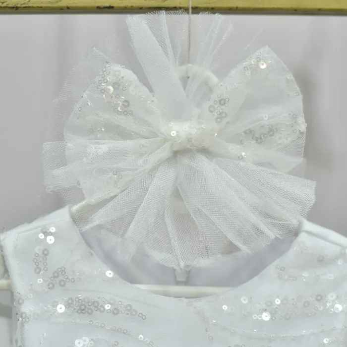 Kız Çocuk Beyaz Boncuklu Payetli Kısa Balon Kol Taşlı Boncuklu Elbise