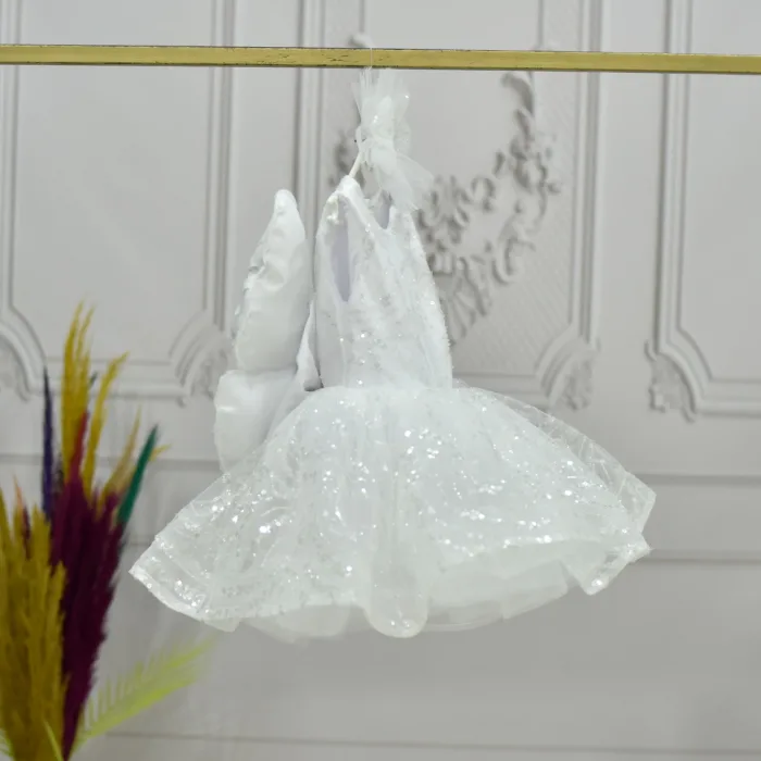 Kız Çocuk Beyaz Boncuklu Payetli Kısa Balon Kol Taşlı Boncuklu Elbise