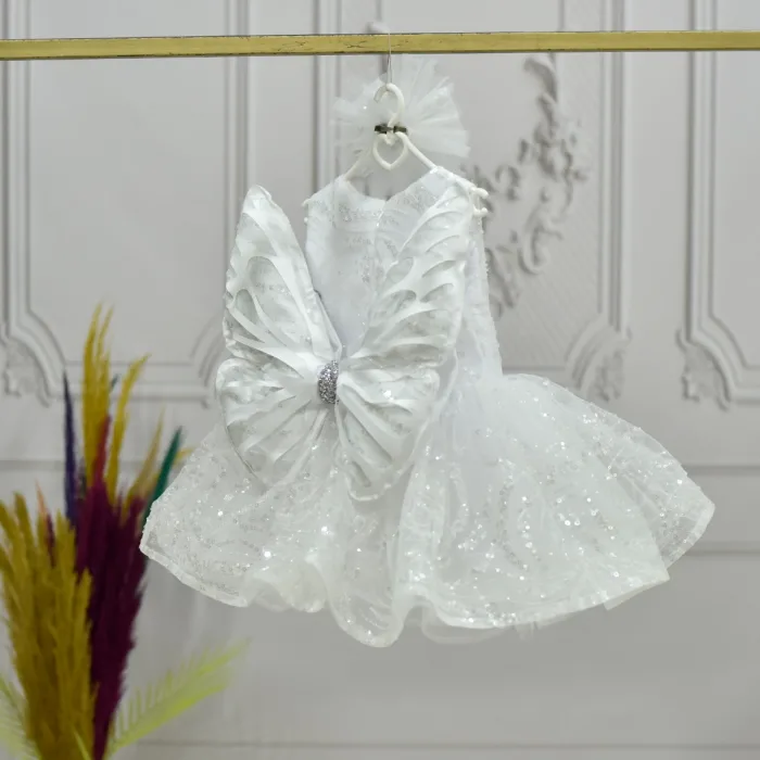 Kız Çocuk Beyaz Boncuklu Payetli Kısa Balon Kol Taşlı Boncuklu Elbise