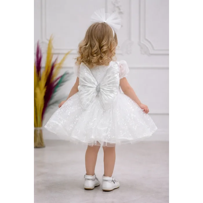 Kız Çocuk Beyaz Boncuklu Payetli Kısa Balon Kol Taşlı Boncuklu Elbise