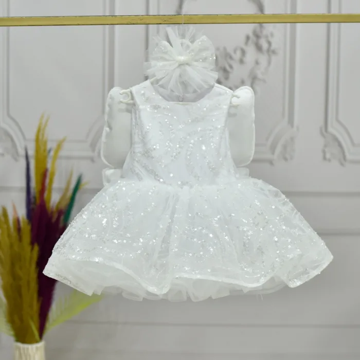 Kız Çocuk Beyaz Boncuklu Payetli Kısa Balon Kol Taşlı Boncuklu Elbise