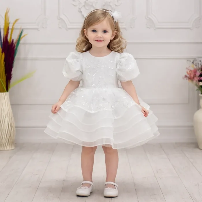 Kız Çocuk Beyaz Boncuklu Payetli Kısa Balon Kol Taşlı Boncuklu Elbise