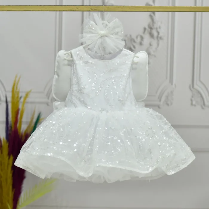 Kız Çocuk Beyaz Boncuklu Payetli Kısa Balon Kol Taşlı Boncuklu Elbise