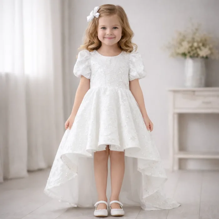Kız Çocuk Beyaz Boncuklu Payetli Kuyruklu Kabarık Elbise