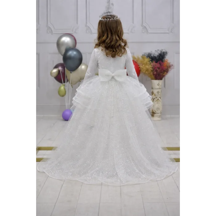 Kız Çocuk Beyaz Boncuklu Payetli Kuyruklu Kabarık Elbise