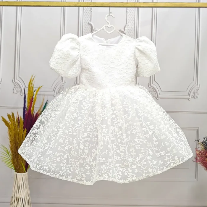 Kız Çocuk Beyaz Desenli Kabarık Elbise