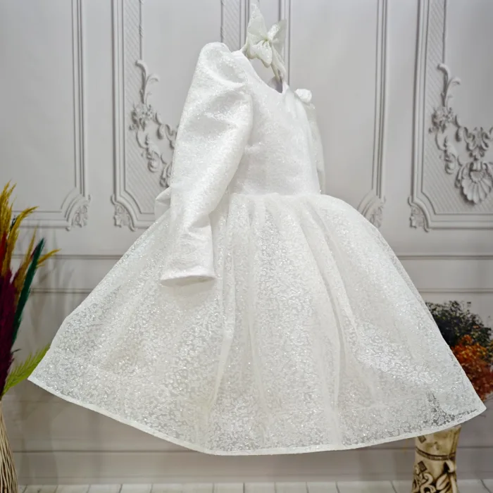 Beyaz Parıltılı Desenli Kabarık Elbise