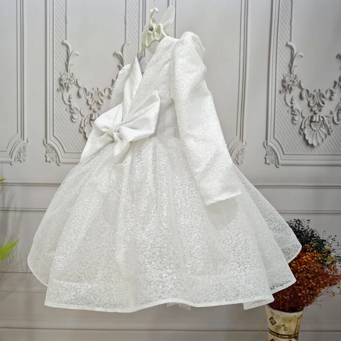 Beyaz Parıltılı Desenli Kabarık Elbise