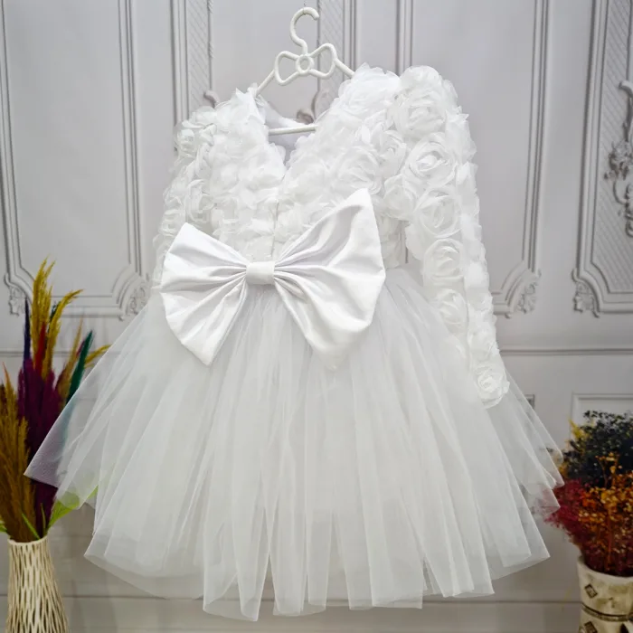 Beyaz Güllü Desenli Kabarık Elbise Gelinlik Abiye