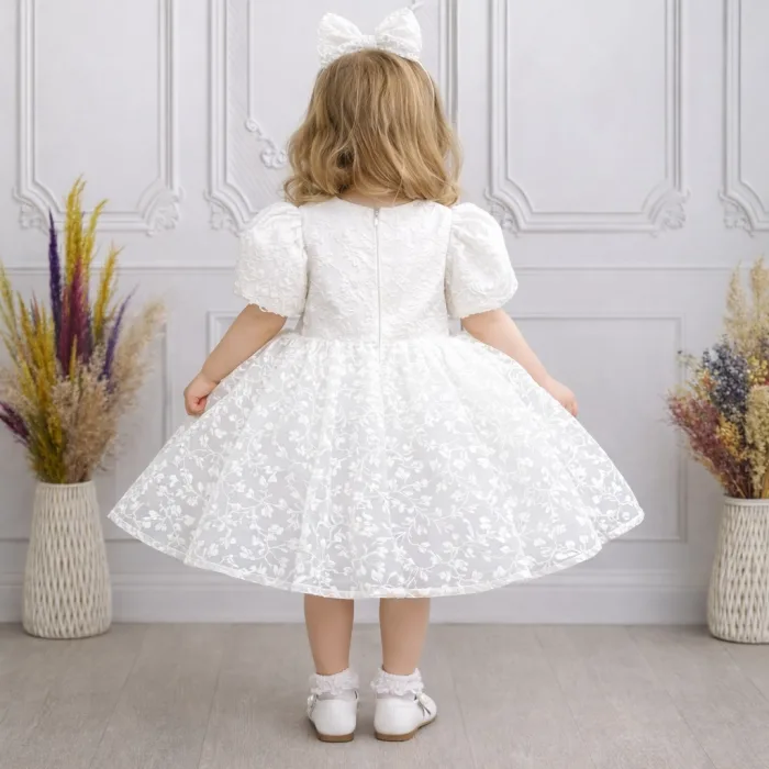Kız Çocuk Beyaz Desenli Kabarık Elbise