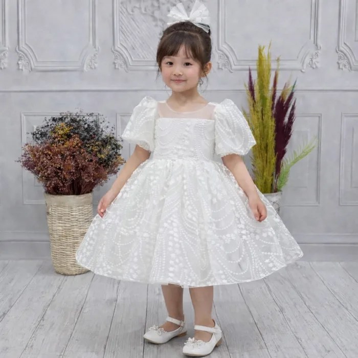 Kız Çocuk Beyaz Desenli Kabarık Elbise