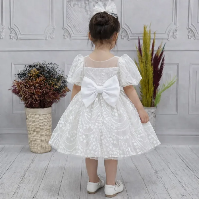 Kız Çocuk Beyaz Desenli Kabarık Elbise