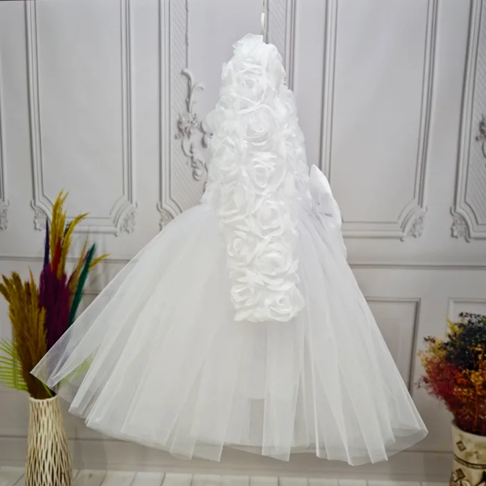 Beyaz Güllü Desenli Kabarık Elbise Gelinlik Abiye