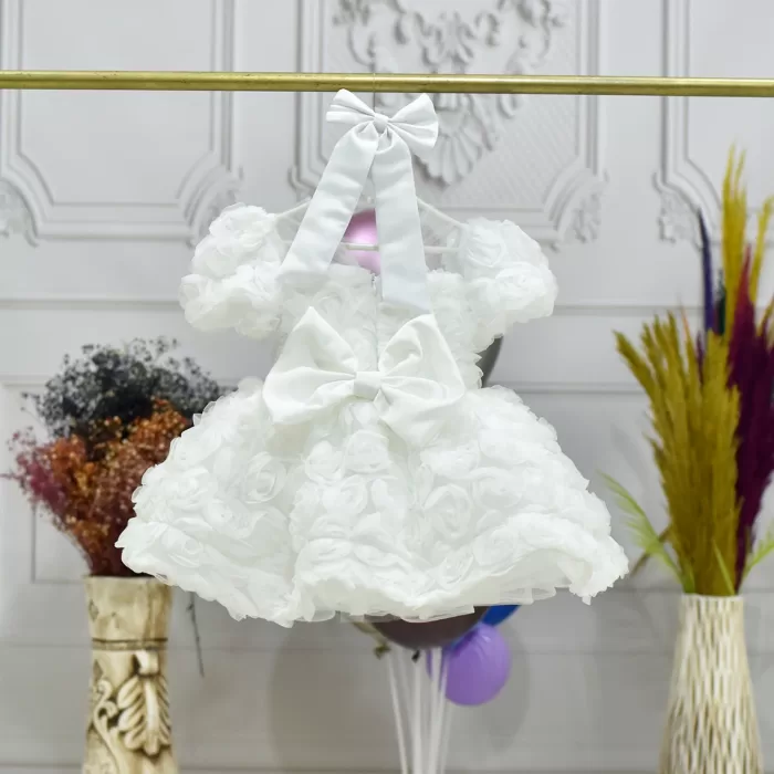 Kız Çocuk Beyaz Gül Desenli Şeffaf Kısa Balon Kol Kabarık Elbise