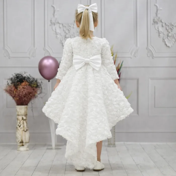 Kız Çocuk Beyaz Gül Desenli Kuyruklu Uzun Kol Elbise Abiye