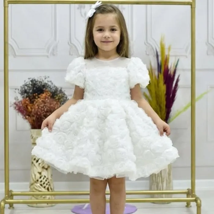 Kız Çocuk Beyaz Gül Desenli Şeffaf Kısa Balon Kol Kabarık Elbise